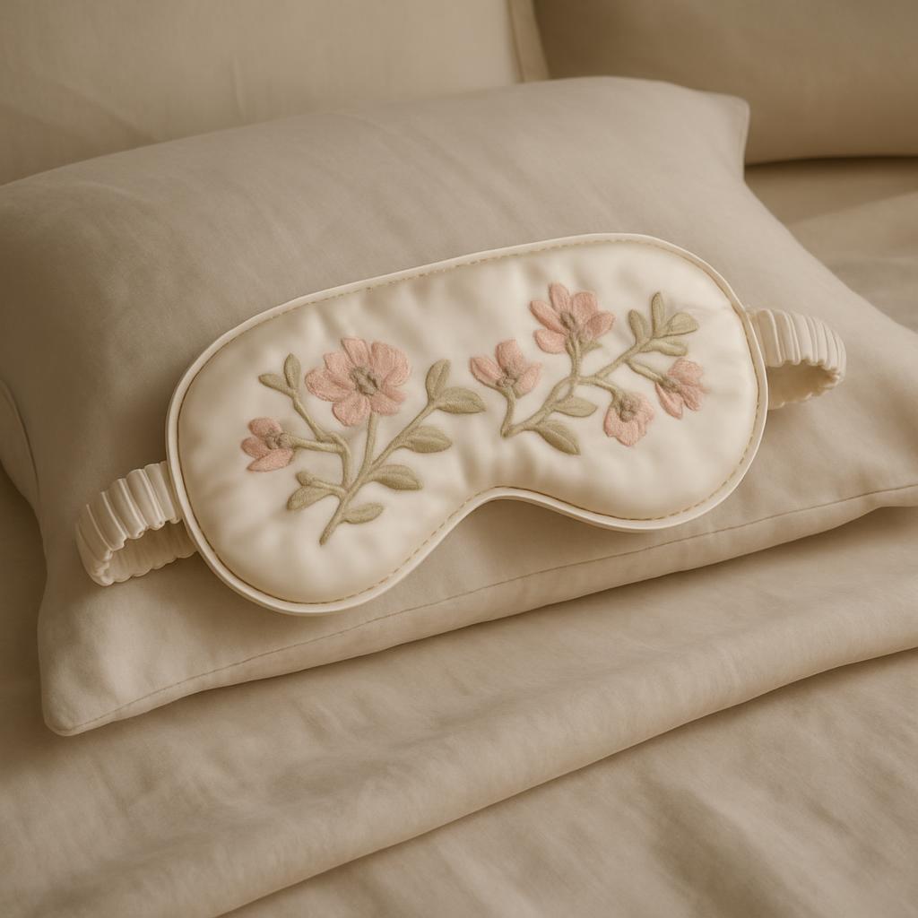 The small, closed eye mask with pink flowers embroidered on it is sitting on top of a stack of two pillows and one blanket...