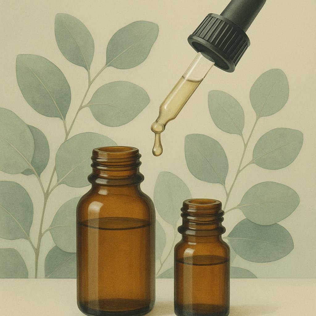 A drop of brown liquid pouring from a dropper into a brown bottle, with a second empty brown bottle in front of leaves, ev...