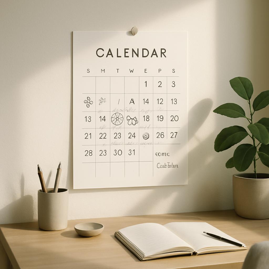 The image shows a wooden desk with some office supplies on it, as well as an open book and a plant.