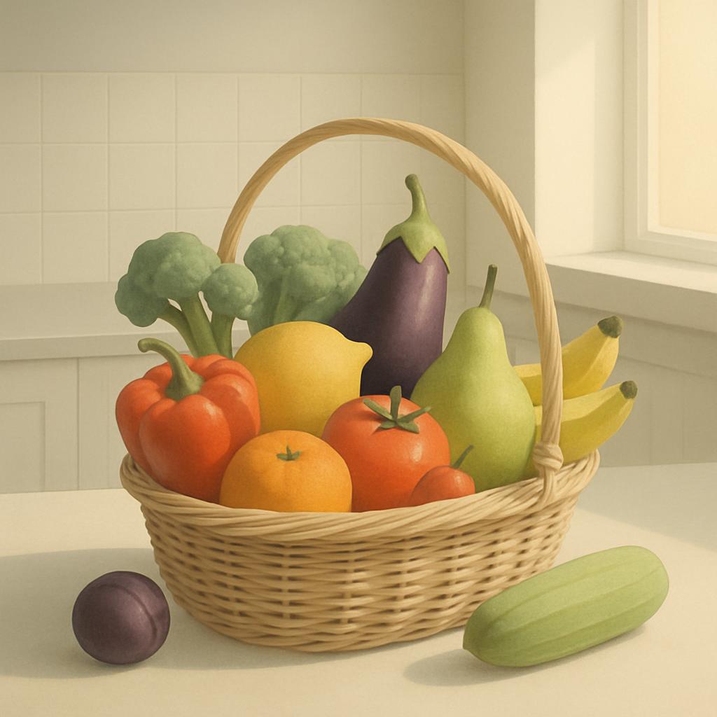 A wood-framed fruit and vegetable basket containing cauliflower, red and yellow pepper, orange and lemon, eggplant, pear, ...