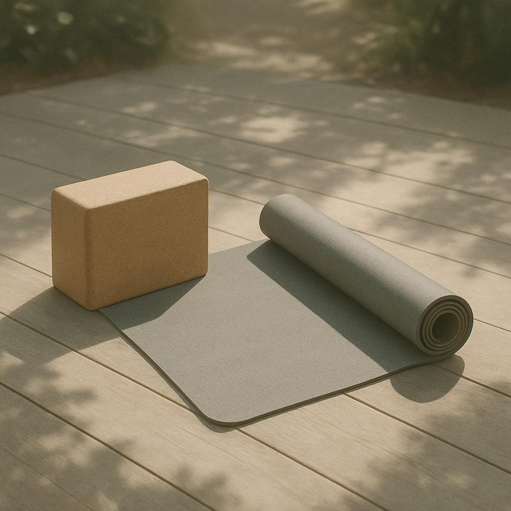 A yoga block and mat on a patio, likely ready for an outdoor practice.